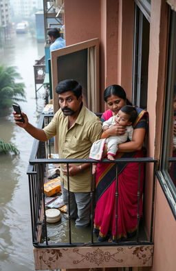 A South Indian family depicted in a dramatic scene on an apartment balcony, which is surrounded by rising floodwaters