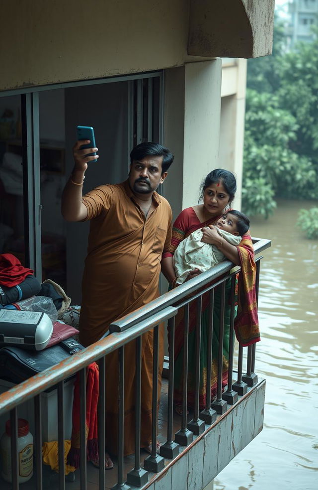 A South Indian family depicted in a dramatic scene on an apartment balcony, which is surrounded by rising floodwaters