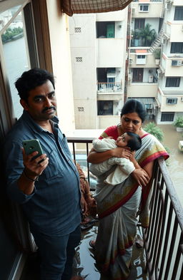 A South Indian family depicted in a dramatic scene on an apartment balcony, which is surrounded by rising floodwaters