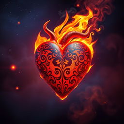 An artistic representation of a heart named 'Amor de Fogo', dramatically ablaze with fire