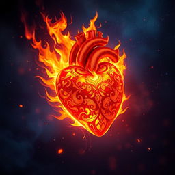 An artistic representation of a heart named 'Amor de Fogo', dramatically ablaze with fire