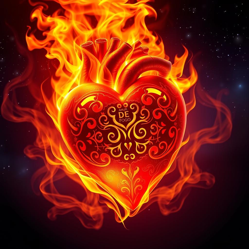 An artistic representation of a heart named 'Amor de Fogo', dramatically ablaze with fire