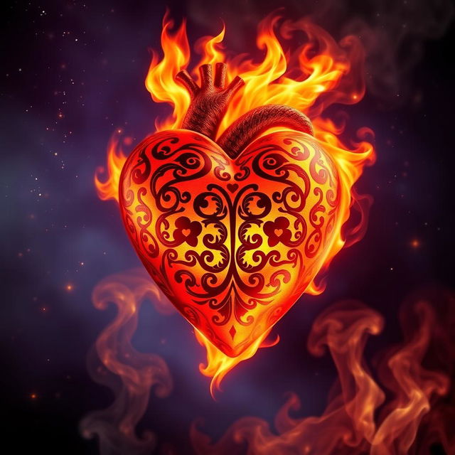 An artistic representation of a heart named 'Amor de Fogo', dramatically ablaze with fire