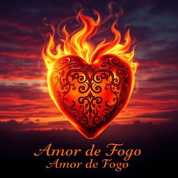 An artistic rendering of a heart titled 'Amor de Fogo', dramatically ablaze with vibrant flames