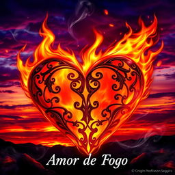 An artistic rendering of a heart titled 'Amor de Fogo', dramatically ablaze with vibrant flames