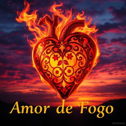 An artistic rendering of a heart titled 'Amor de Fogo', dramatically ablaze with vibrant flames