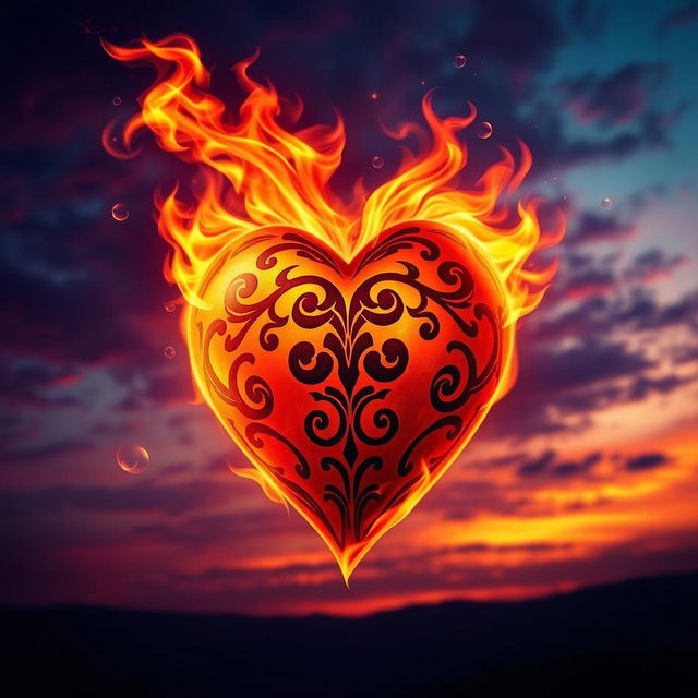 An artistic rendering of a heart titled 'Amor de Fogo', dramatically ablaze with vibrant flames