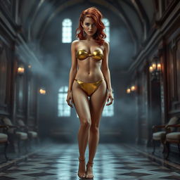 A full body view of a thin Russian girl with red hair styled in an elegant manner, featuring enhancements that give her a round appearance