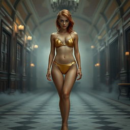 A full body view of a thin Russian girl with red hair styled in an elegant manner, featuring enhancements that give her a round appearance
