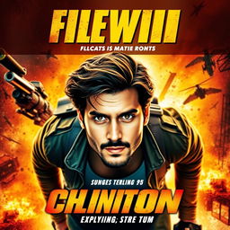 A vibrant and dynamic movie poster prominently featuring a high-quality portrait of the user, set against an abstract and action-packed background that suggests adventure and excitement