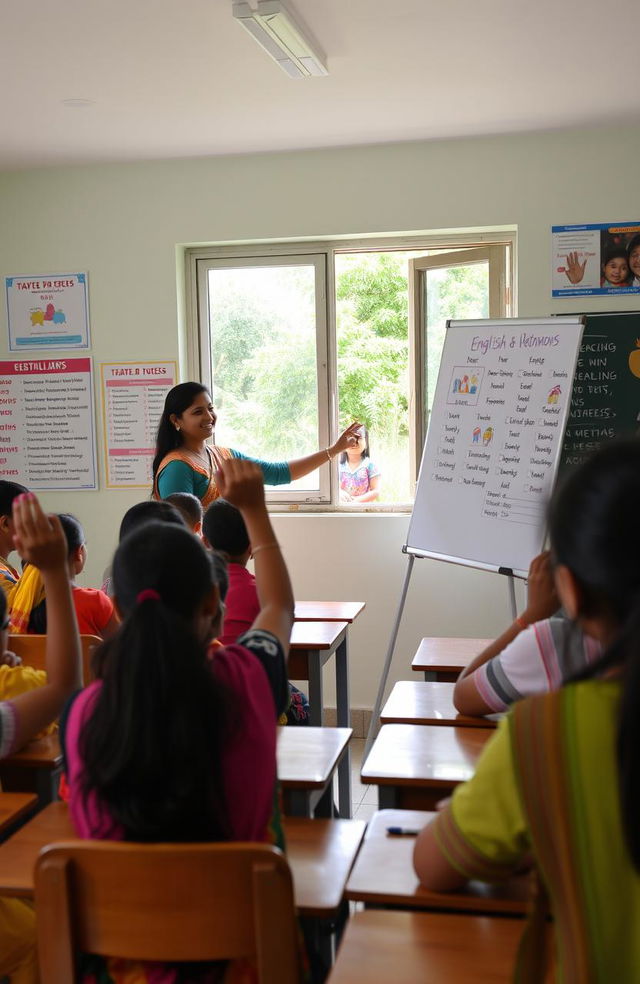 A vibrant classroom scene in India where diverse students of different ethnicities are engaged in learning English as a second language