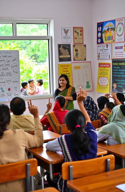 A vibrant classroom scene in India where diverse students of different ethnicities are engaged in learning English as a second language