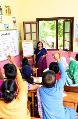 A vibrant classroom scene in India where diverse students of different ethnicities are engaged in learning English as a second language