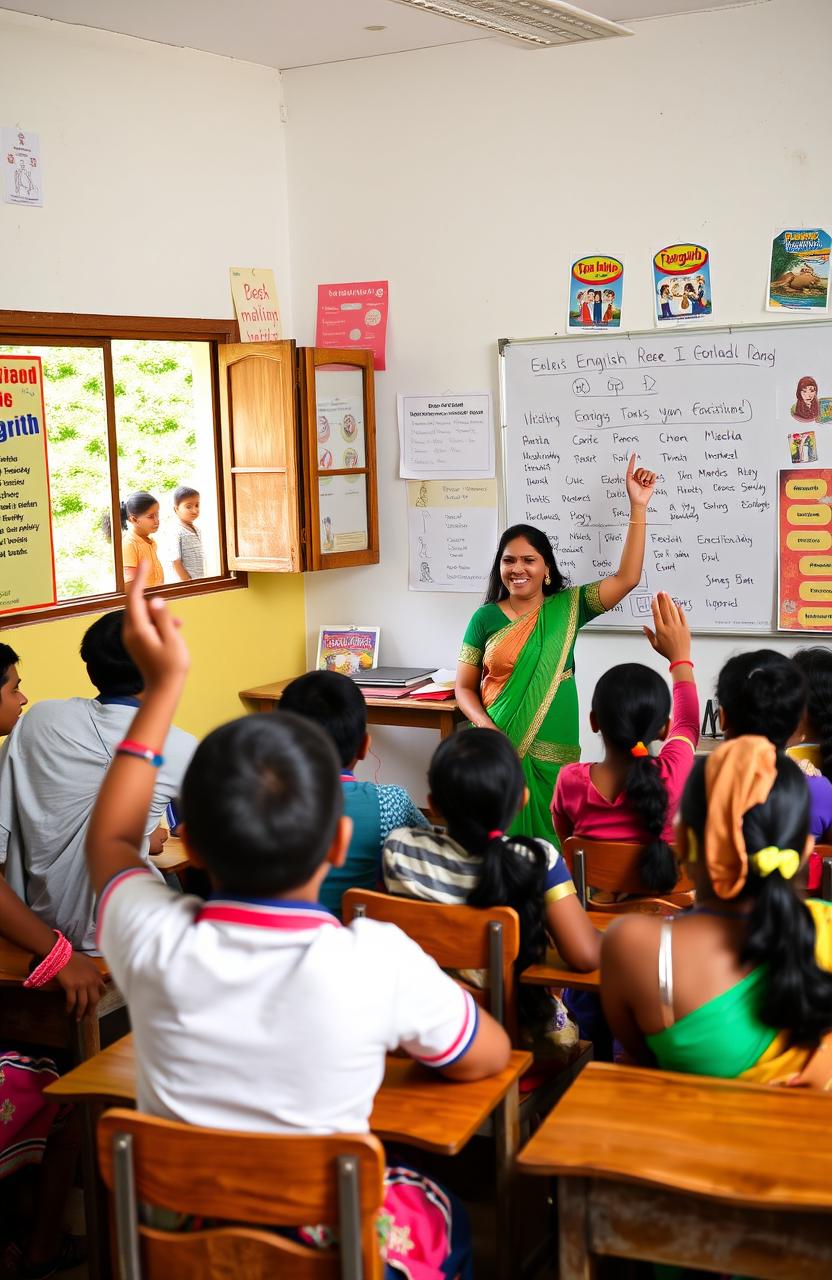 A vibrant classroom scene in India where diverse students of different ethnicities are engaged in learning English as a second language