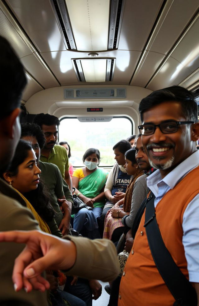 A scene inside a crowded train coach in Paris, showcasing a South Indian family comprised of a dad, mom, elder daughter, and son, looking a bit overwhelmed by the busy environment