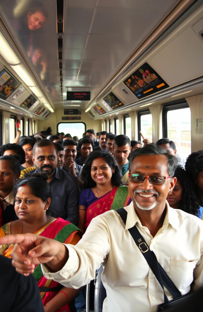 A scene inside a crowded train coach in Paris, showcasing a South Indian family comprised of a dad, mom, elder daughter, and son, looking a bit overwhelmed by the busy environment