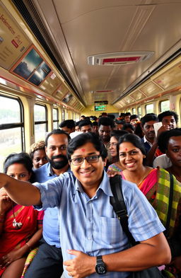 A scene inside a crowded train coach in Paris, showcasing a South Indian family comprised of a dad, mom, elder daughter, and son, looking a bit overwhelmed by the busy environment