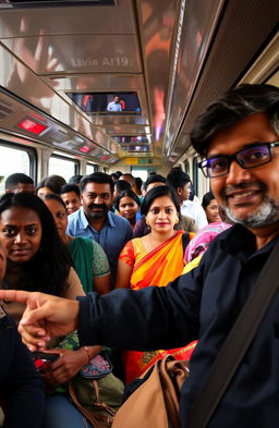 A scene inside a crowded train coach in Paris, showcasing a South Indian family comprised of a dad, mom, elder daughter, and son, looking a bit overwhelmed by the busy environment