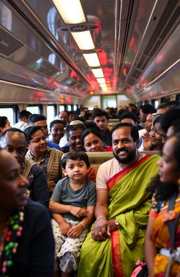 A vibrant scene inside a crowded train coach in Paris, showcasing a South Indian family consisting of a mom, dad, son, and daughter