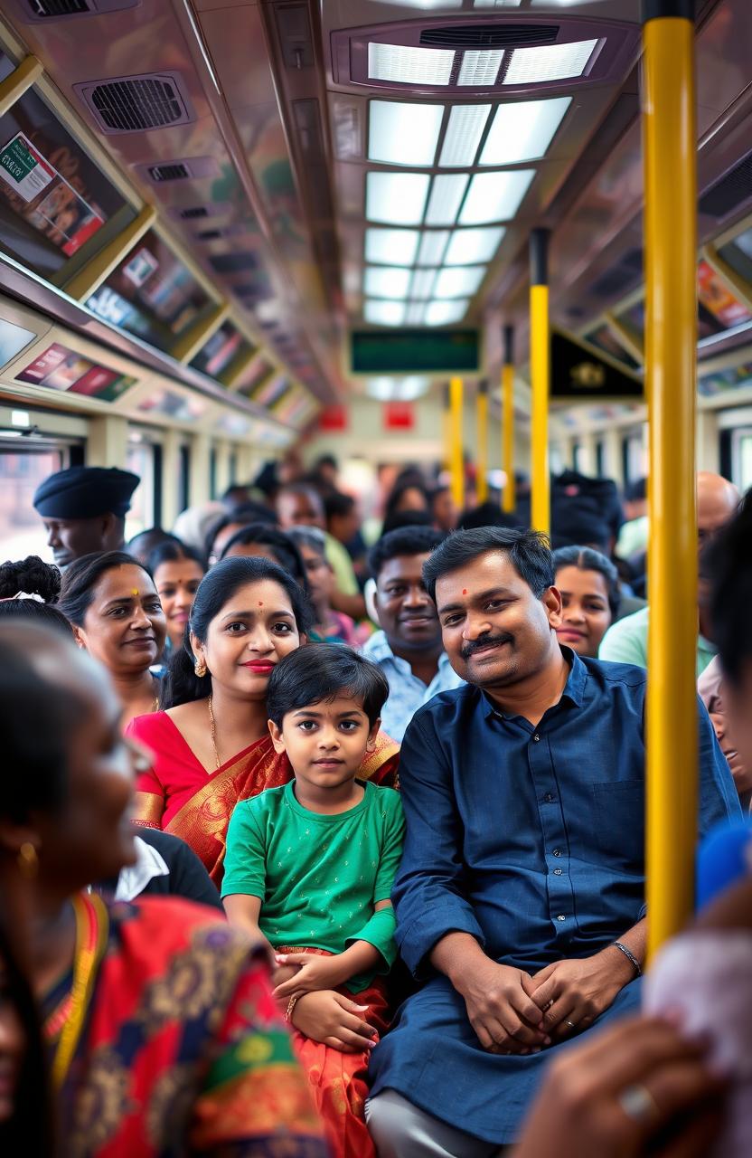 A vibrant scene inside a crowded train coach in Paris, showcasing a South Indian family consisting of a mom, dad, son, and daughter