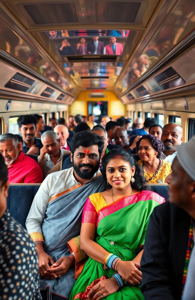 A vibrant scene inside a crowded train coach in Paris, showcasing a South Indian family consisting of a mom, dad, son, and daughter