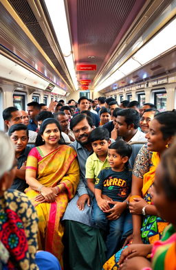 A vibrant scene inside a crowded train coach in Paris, showcasing a South Indian family consisting of a mom, dad, son, and daughter