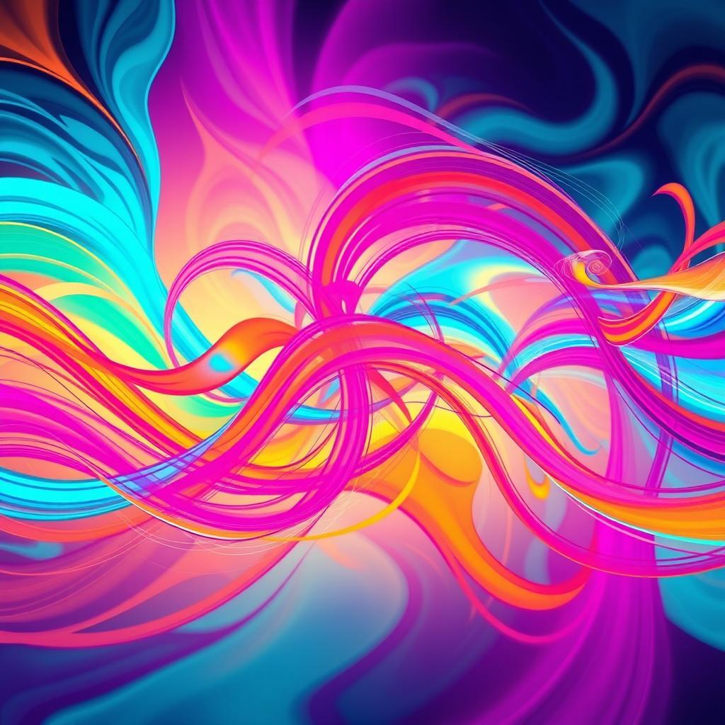 A vibrant and colorful abstract representation of sound waves, featuring dynamic movement and intricate patterns, with bright colors like turquoise, magenta, and orange blending together in a harmonious way