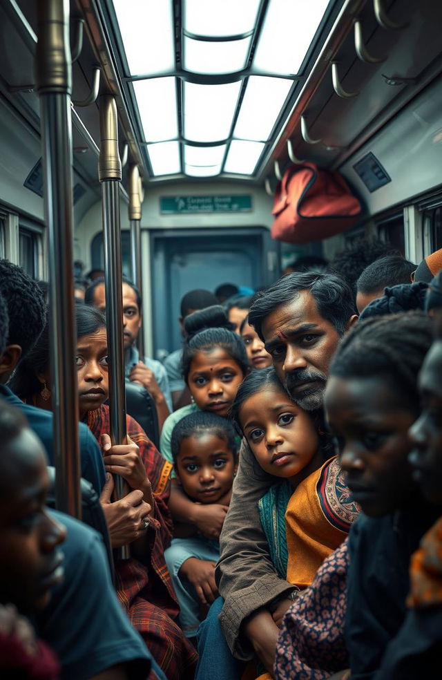 A South Indian family consisting of a mother, father, son, and daughter, depicted in a cramped and crowded train coach in Paris