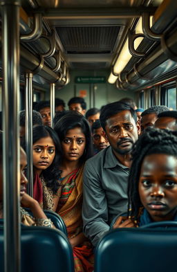 A South Indian family consisting of a mother, father, son, and daughter, depicted in a cramped and crowded train coach in Paris