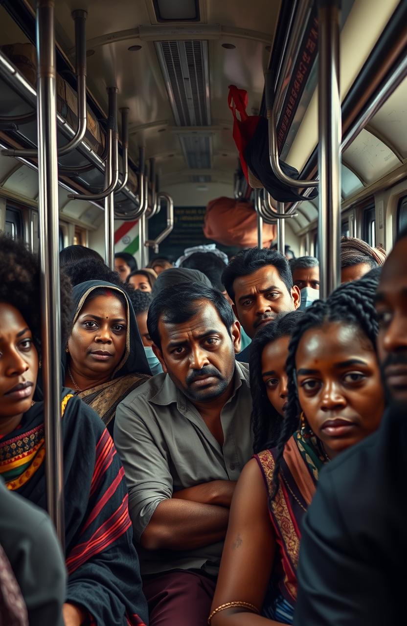 A South Indian family consisting of a mother, father, son, and daughter, depicted in a cramped and crowded train coach in Paris