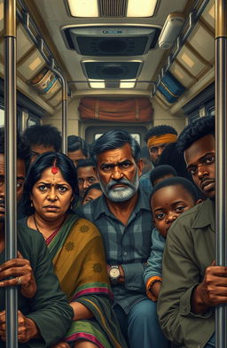 A South Indian family consisting of a mother, father, son, and daughter, depicted in a cramped and crowded train coach in Paris