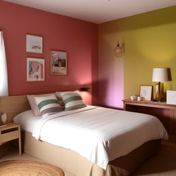 An inviting Airbnb room bearing a bed, side table, walls painted with a relaxing color, good lighting, wall photos and a welcoming color theme