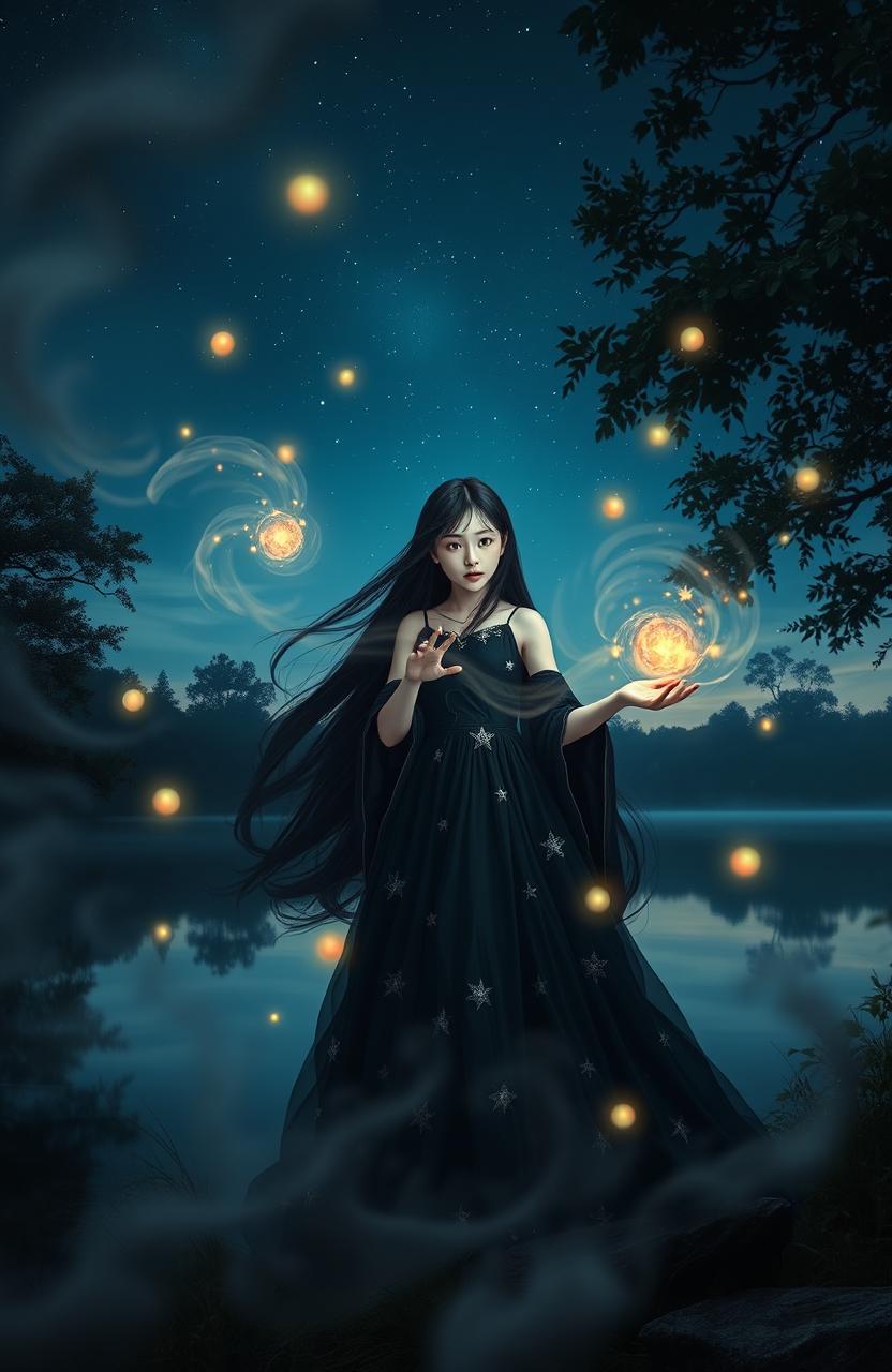 A mystical scene depicting a young woman casting a spell by a serene lake at twilight