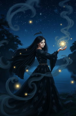 A mystical scene depicting a young woman casting a spell by a serene lake at twilight