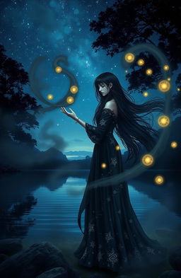 A mystical scene depicting a young woman casting a spell by a serene lake at twilight