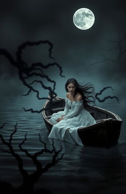 A mysterious scene depicting a young woman in an old, rustic boat in the middle of a dark, enchanted lake
