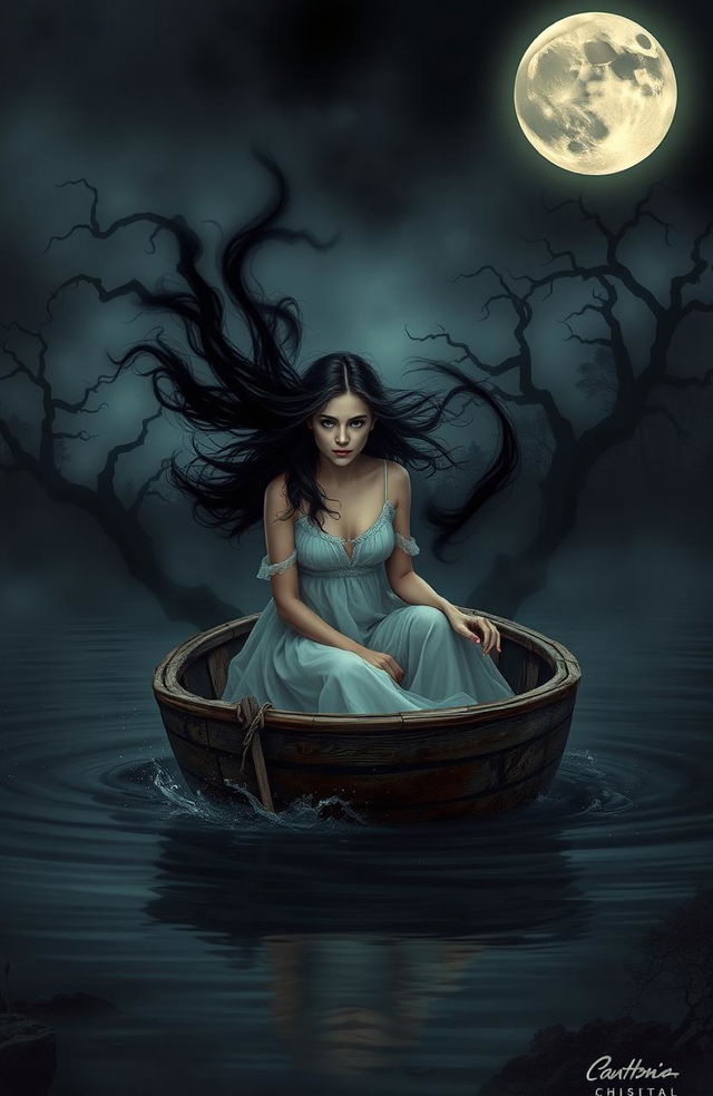 A mysterious scene depicting a young woman in an old, rustic boat in the middle of a dark, enchanted lake