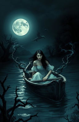 A mysterious scene depicting a young woman in an old, rustic boat in the middle of a dark, enchanted lake