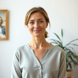 A full-length photograph of a woman aged between 30 to 45 years with a natural appearance, featuring minimal makeup and well-groomed hair