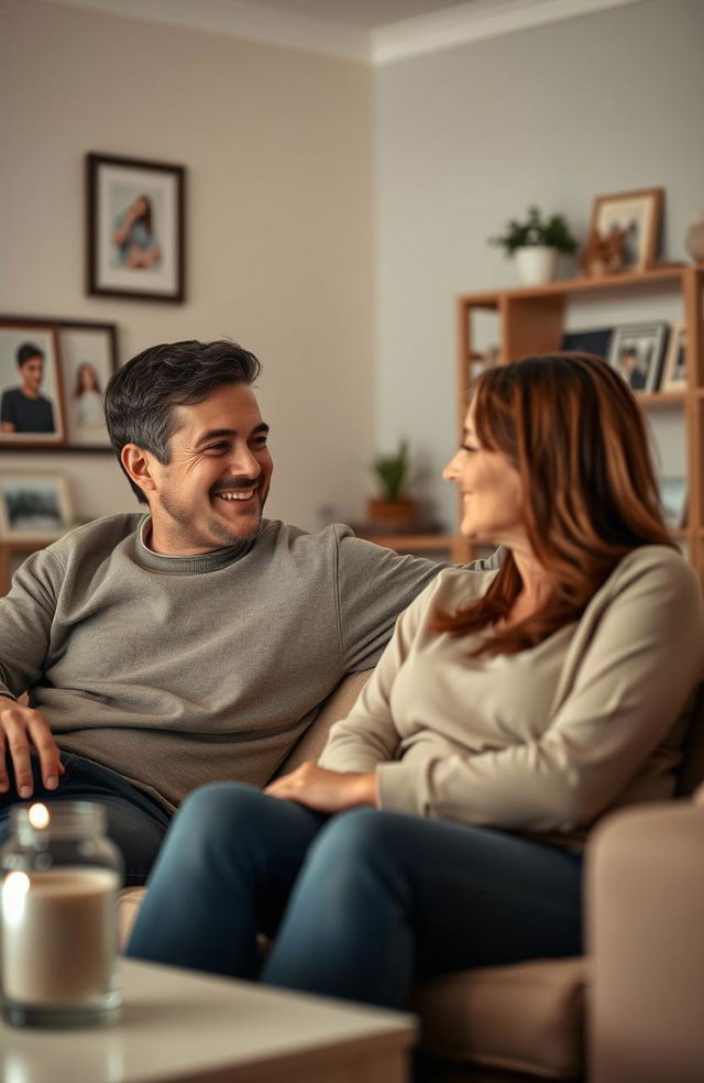 A serene and cozy scene depicting a couple sitting together in their living room, communicating openly and trustingly