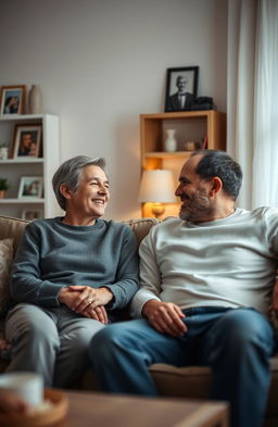 A serene and cozy scene depicting a couple sitting together in their living room, communicating openly and trustingly