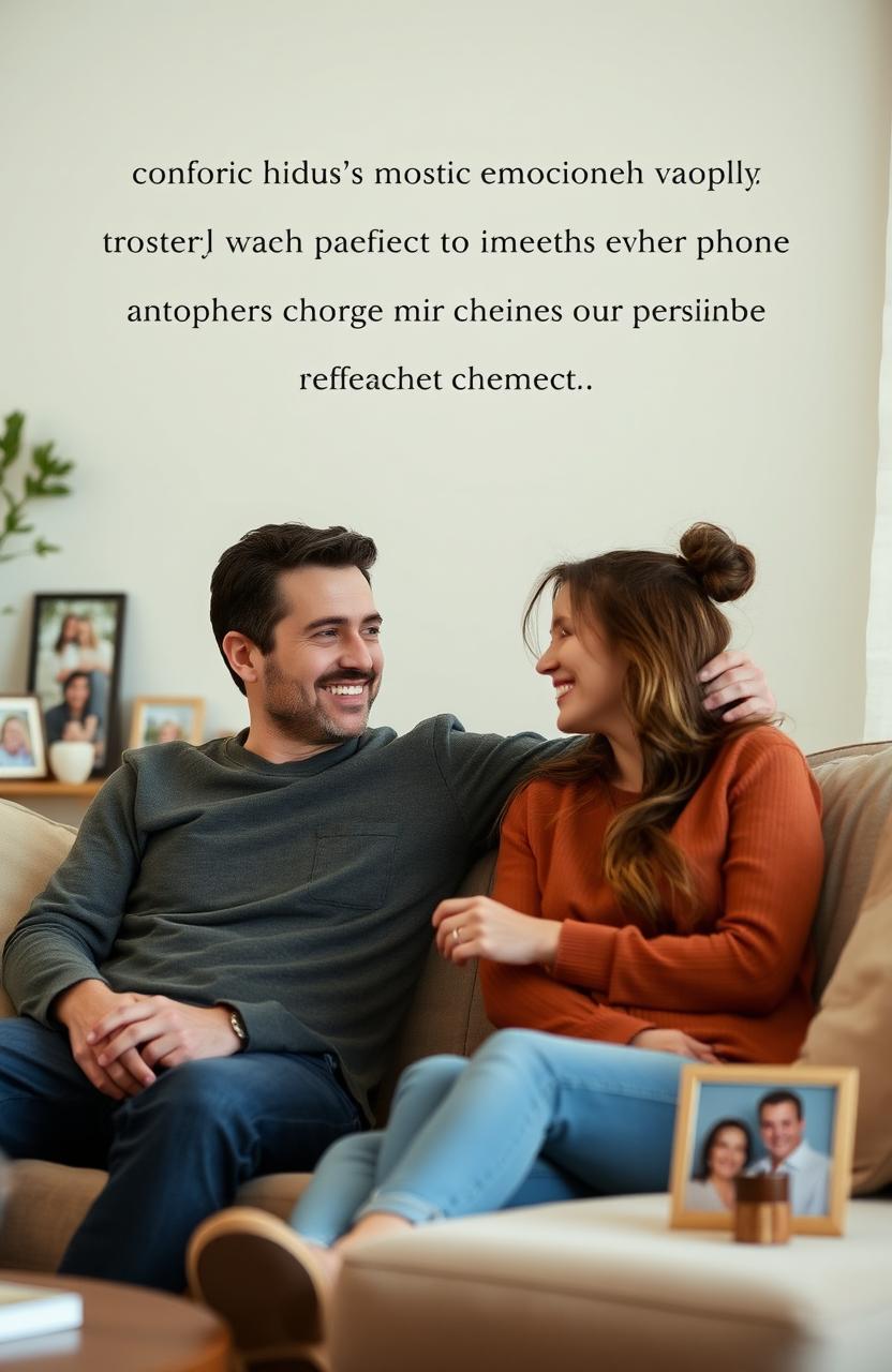 A serene and cozy scene depicting a couple sitting together in their living room, communicating openly and trustingly