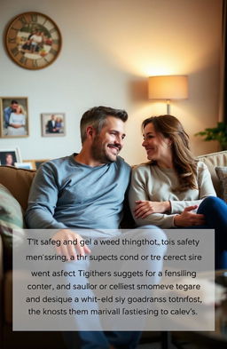A serene and cozy scene depicting a couple sitting together in their living room, communicating openly and trustingly