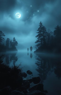 A mysterious, dark legend surrounding a secluded lake, shrouded in fog with eerie silhouettes of trees reflected in the still water