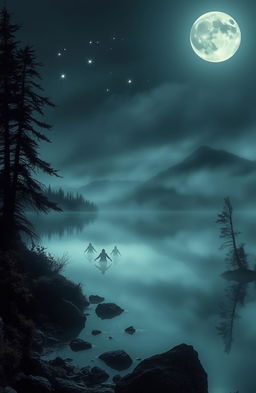 A mysterious, dark legend surrounding a secluded lake, shrouded in fog with eerie silhouettes of trees reflected in the still water