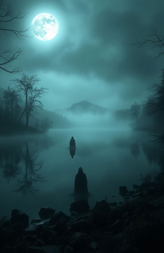 A mysterious, dark legend surrounding a secluded lake, shrouded in fog with eerie silhouettes of trees reflected in the still water