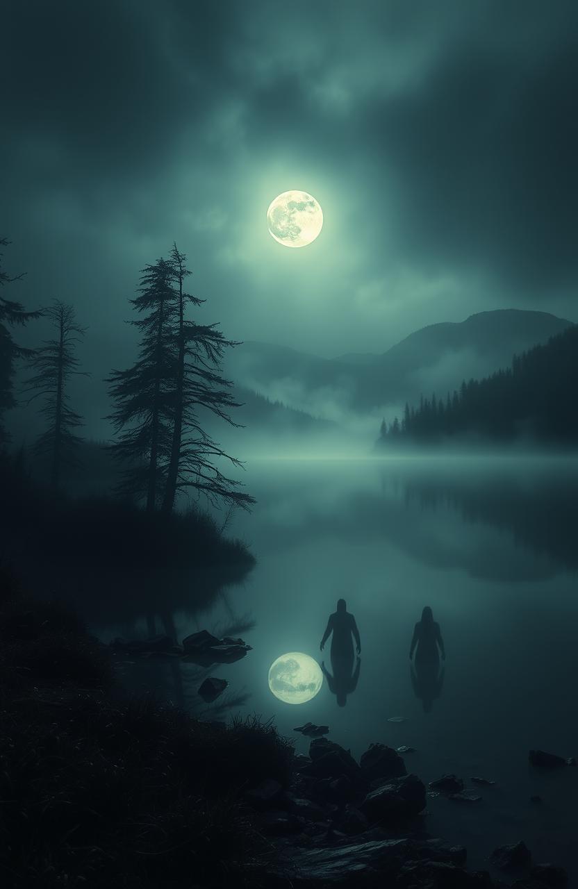 A mysterious, dark legend surrounding a secluded lake, shrouded in fog with eerie silhouettes of trees reflected in the still water