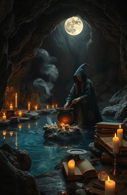 A mystical scene depicting a lake cave where a witch conducts her rituals