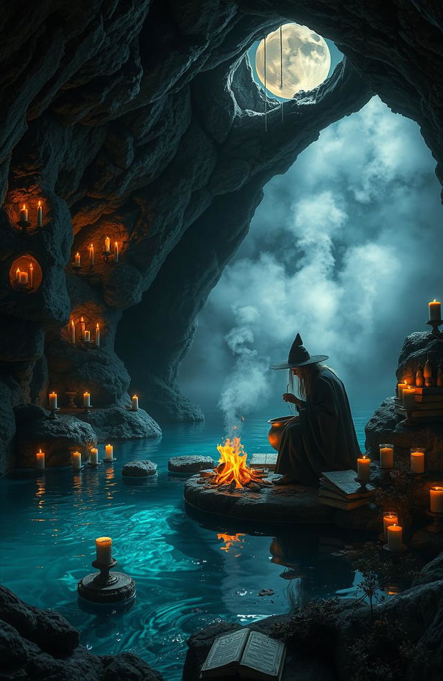 A mystical scene depicting a lake cave where a witch conducts her rituals