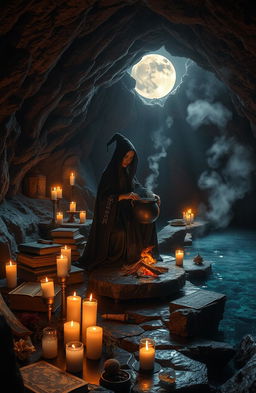 A mystical scene depicting a lake cave where a witch conducts her rituals